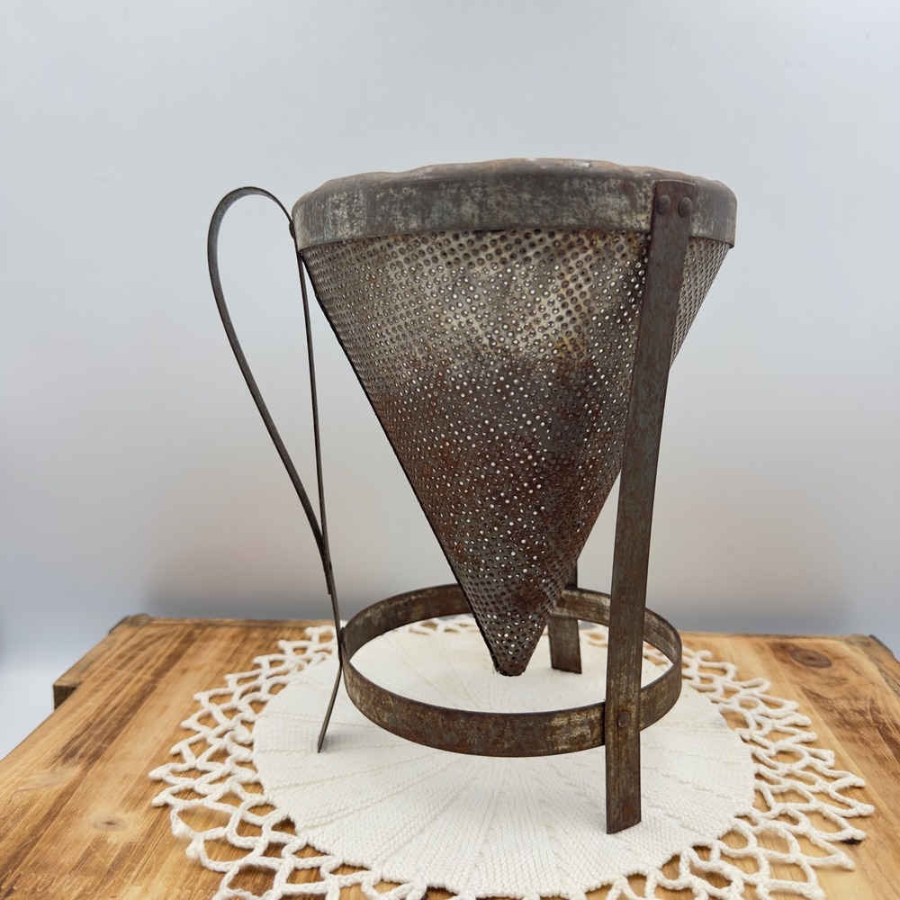 Antique Chinois Strainer Brown Metal Conical Sieve With Stand Primitive 8.5"